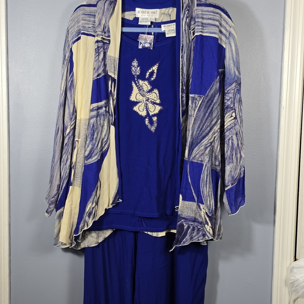 Handmade 3-Piece Set XL Open Front Kimono Jacket Tank‎ Pants Blue Boho Resort